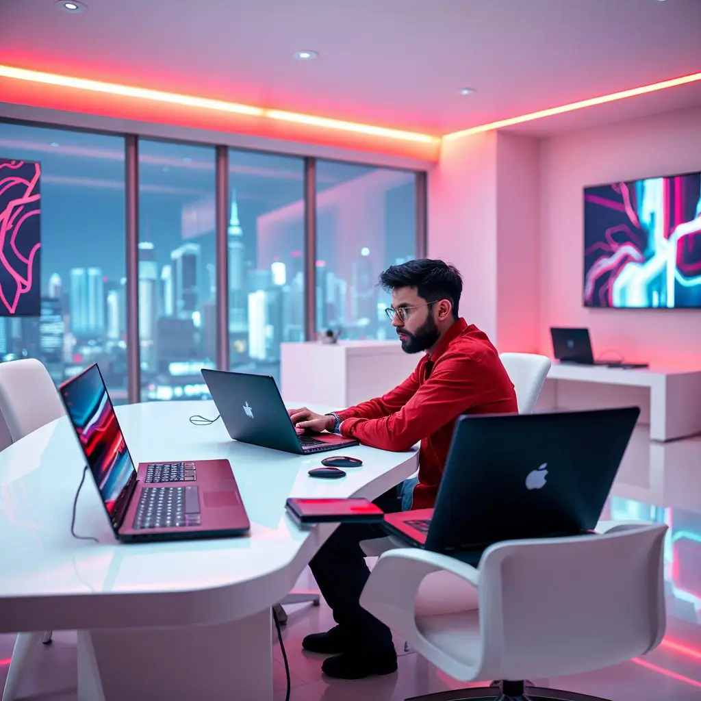 Man in a futuristic office with two laptops at this desk